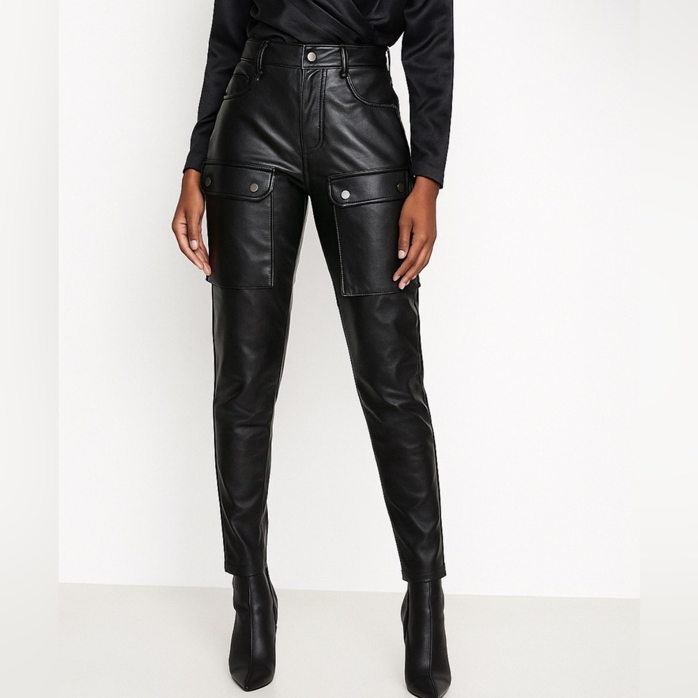 MNML Black Faux Leather Cargo Skinny Pants Casual Rock Goth Grunge Club Fall